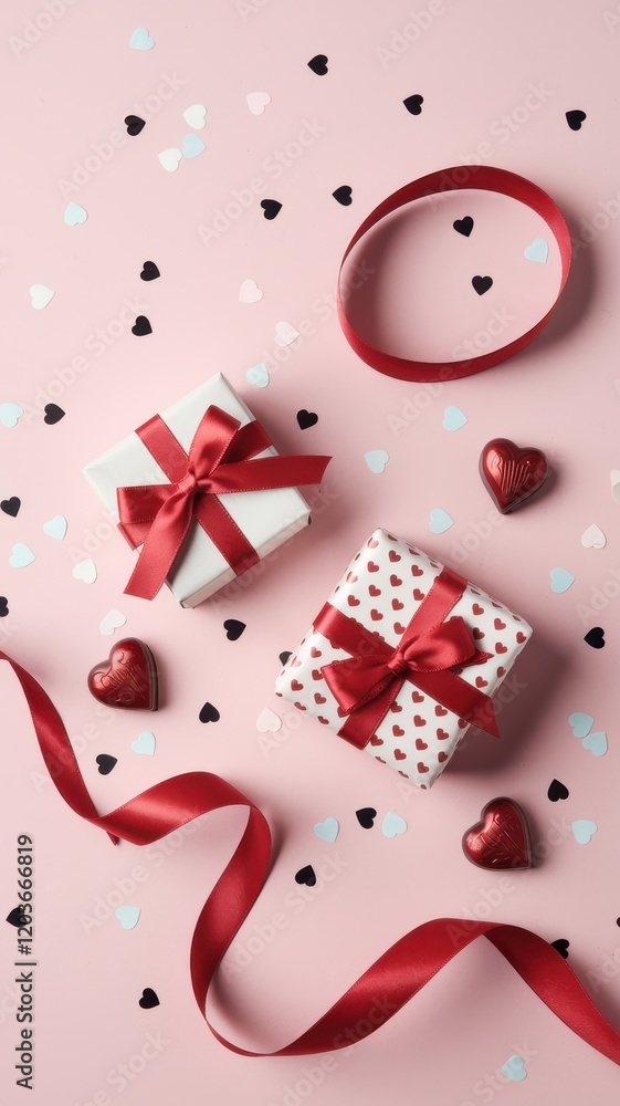 Two white boxes with red ribbons and hearts on them Two white boxes with red ribbons and hearts on them