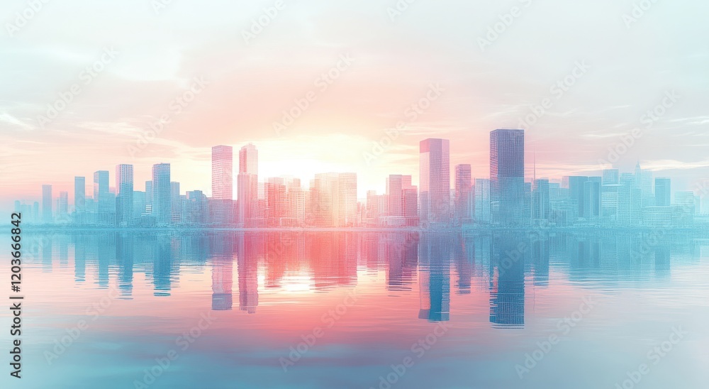 Urban skyline at sunrise with reflective water surface, showcasing a stunning blend of colors in a cityscape, ideal for vibrant backgrounds and artistic compositions. Urban skyline at sunrise with reflective water surface, showcasing a stunning blend of colors in a cityscape, ideal for vibrant backgrounds and artistic compositions.