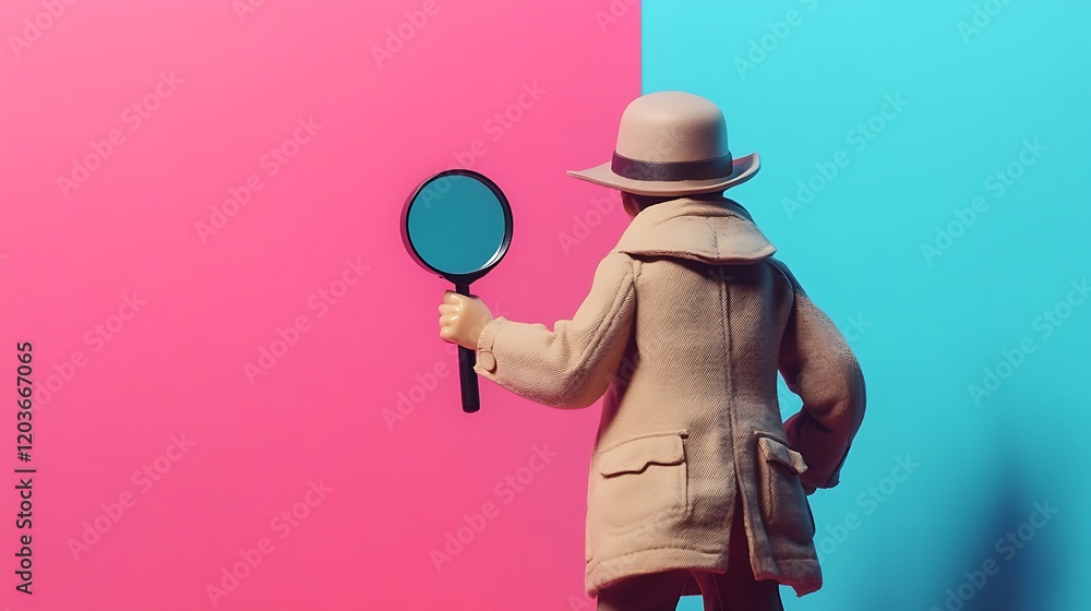 Mini detective with magnifying glass on pink and blue background Mini detective with magnifying glass on pink and blue background