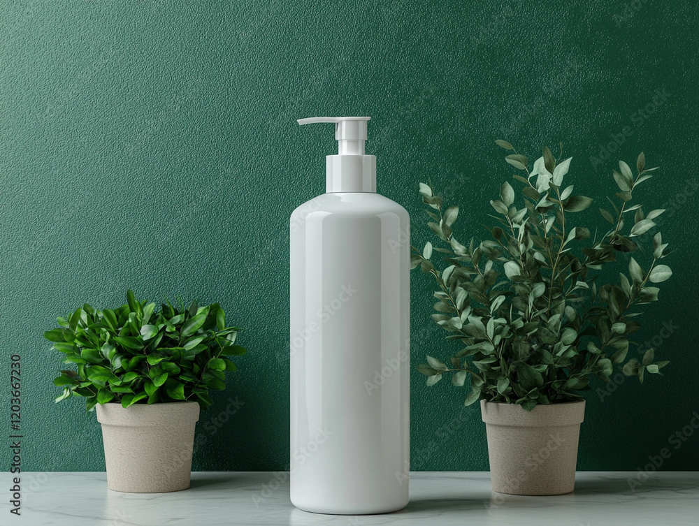 Elegant white bottle with greenery in a modern setting Elegant white bottle with greenery in a modern setting