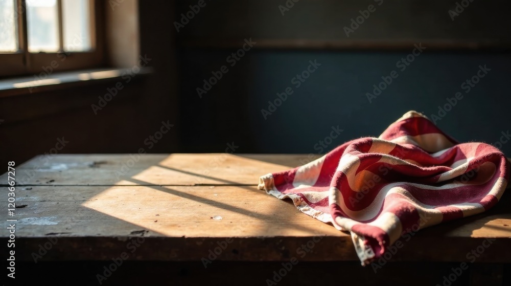 Rustic wooden table bathed in sunlight with a casually draped striped fabric Rustic wooden table bathed in sunlight with a casually draped striped fabric