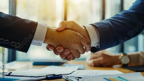 Wallpaper Mural Two business people shaking hands and raising their fists after a successful deal at an office desk, close-up. Torontodigital.ca