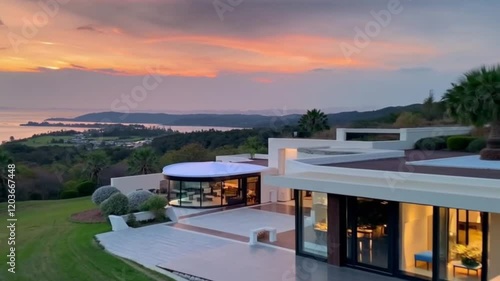 A modern luxury villa with an elegant exterior, spacious patio, and stunning evening views of the surrounding landscape.