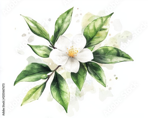 Tea leaves with flower watercolor illustration isolated on white background