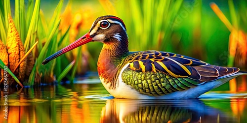 Captivating Double Exposure of Greater Painted-Snipe in Nature - Stunning Animal Portrait Close-Up with Artistic Blend of Wildlife and Environment photo