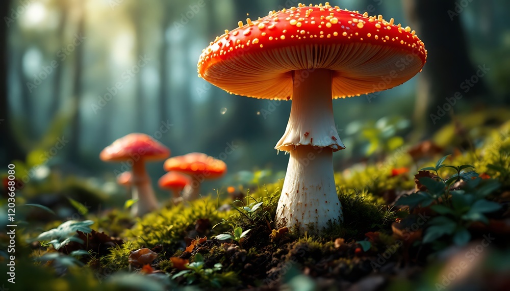Fototapeta premium Vibrant Red Mushroom Forest Scene Autumnal Mood Mossy Ground