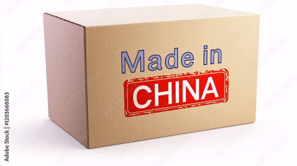 .isolate on white backgroundA digital illustration of a simple cardboard product box with Made in China stamped on the side, isolated on white. .isolate on white backgroundA digital illustration of a simple cardboard product box with Made in China stamped on the side, isolated on white.
