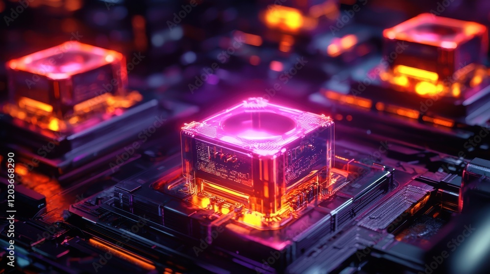 Fototapeta premium Futuristic Digital Circuit Board with Neon Lights and Vibrant Colored Microchips Glowing in Dark Space