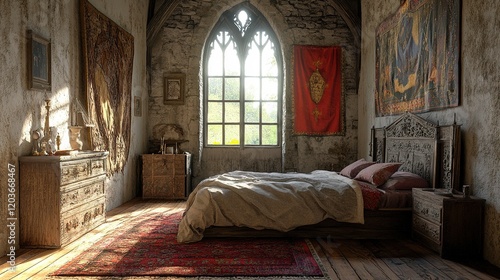 Cozy medieval bedroom historic castle interior design warm atmosphere wide angle comfort and charm