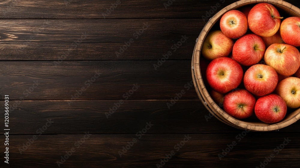 A rustic wooden table displays a barrel overflowing with bright, fresh apples, set against a dark background. The scene evokes a sense of autumn harvest and natural bounty A rustic wooden table displays a barrel overflowing with bright, fresh apples, set against a dark background. The scene evokes a sense of autumn harvest and natural bounty