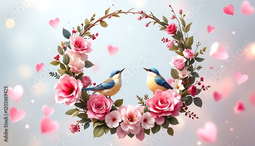 Romantic Bird Couple Pink Rose Wreath Soft Pastel Background