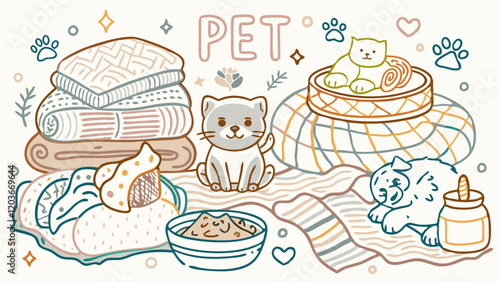 Pet Cuddle Time, Warm and Comforting, Cozy Pet Illustrations Nestled Among Pillows and Blankets