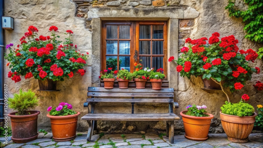 Fototapeta premium Charming European Old House with Bench, Flower Pots, and Decorated Window Displaying Red Flowers in High Depth of Field
