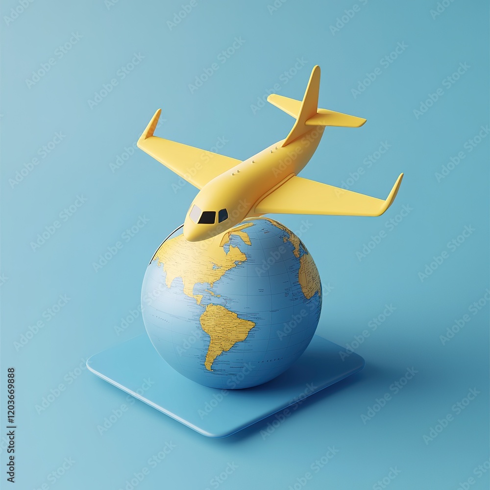 Fototapeta premium Traveling the world airplane over globe digital art minimalist style blue background