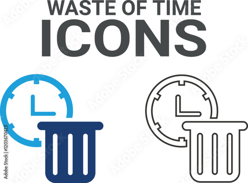Waste of time icon. Timer, alarm, schedule, hourglass, clock icons. Solid icon collection.