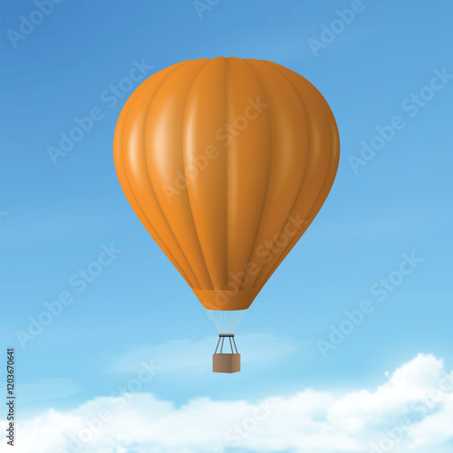 Vector Travel Banner with 3d Realistic Hot Air Balloon Icon on a Blue Sky Background. Design Template, Summer Vacation, Travelling, Tourism and Journey Concept