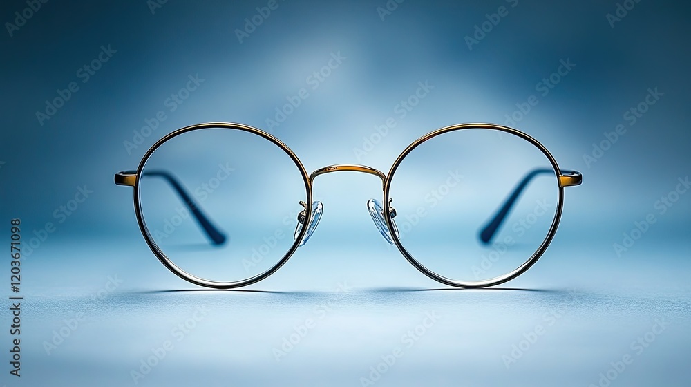 These tortoiseshell round glasses feature elegant gold rims and clear lenses, beautifully illuminated in a studio environment with a calming blue backdrop, emphasizing their design