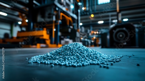 Pile of Light Blue Plastic Pellets on a Factory Floor, with Machinery in Background