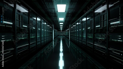 Inside Large Data Center. Advanced Cloud Computing Concept. Corridor With Server Racks And Cabinets Full Of Hard Drives