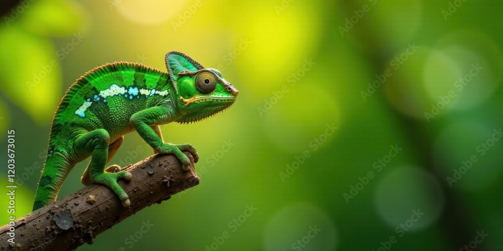 Vibrant Green Chameleon Perched on a Branch in Lush Foliage, Exhibiting Striking Coloration and Detail Vibrant Green Chameleon Perched on a Branch in Lush Foliage, Exhibiting Striking Coloration and Detail