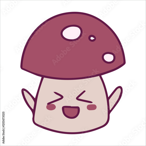  A grumpy cartoon mushroom with furrowed eyebrows, red cap with white dots, and a pouty expression. Cute yet cranky