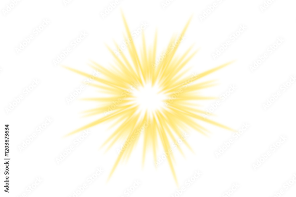 Fototapeta premium Yellow glowing light burst with lens flare effect. Light explosion isolated on transparent background. Sunlight sparkle. Srarlight shine glow. Glare, sun flash. Effects sunlight. Sunburst. Magic light