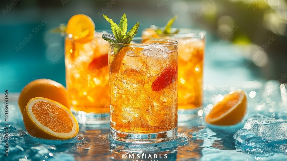 Fototapeta premium Refreshing orange cocktails with ice and mint served by the pool perfect for a summer day