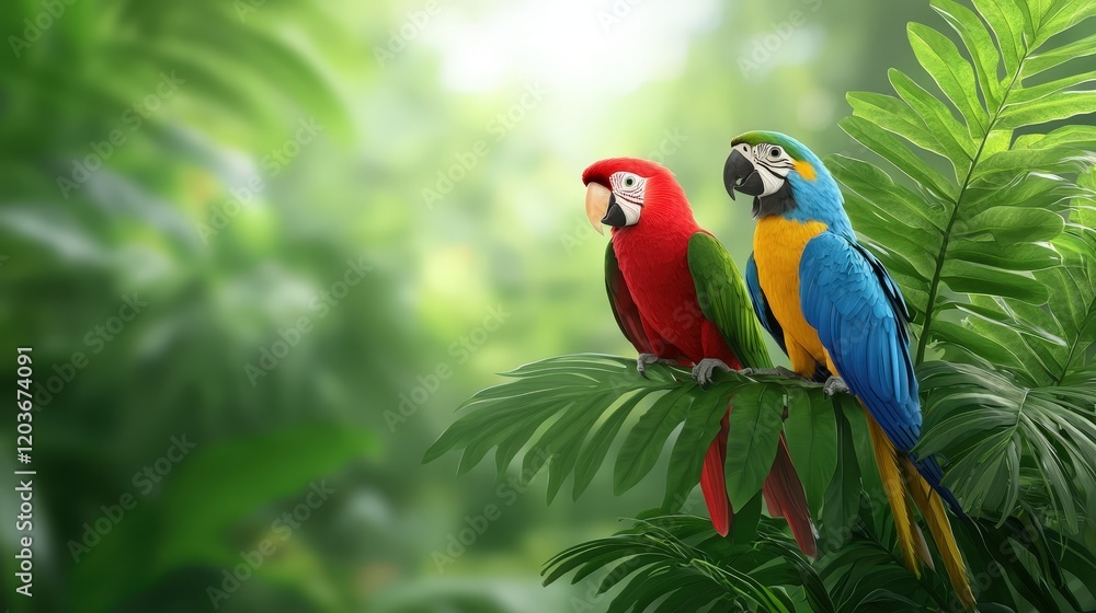 Obraz premium Two colorful parrots perched on a branch in a vibrant natural setting