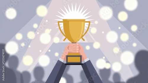 Person holding a trophy in front of a crowd