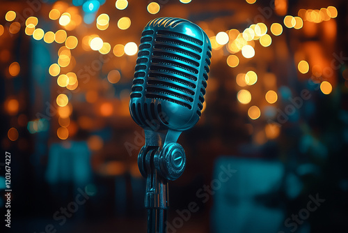 Obraz na płótnie microphone with bokeh light background, stand up comedy show, karaoke or singing contest, background for poster design, open mic and jokes show, w salonie