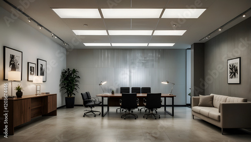In an office setting with high ceilings and suspended white square tiles, white square LED downlights are installed to highlight the contemporary lighting and design.
