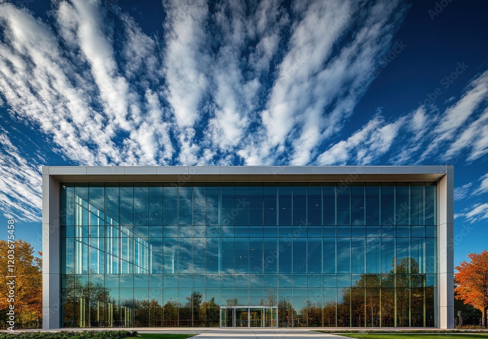 Modern Glass Building with Dramatic Cloudy Sky and Autumn Foliage in the Foreground, Capturing the Beauty of Architecture and Nature in Harmony Modern Glass Building with Dramatic Cloudy Sky and Autumn Foliage in the Foreground, Capturing the Beauty of Architecture and Nature in Harmony