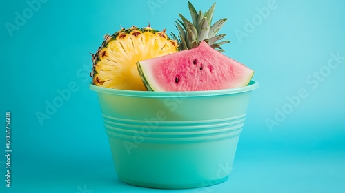 Plastic bucket like bowl with fresh watermelon and pineapple on blue background photo