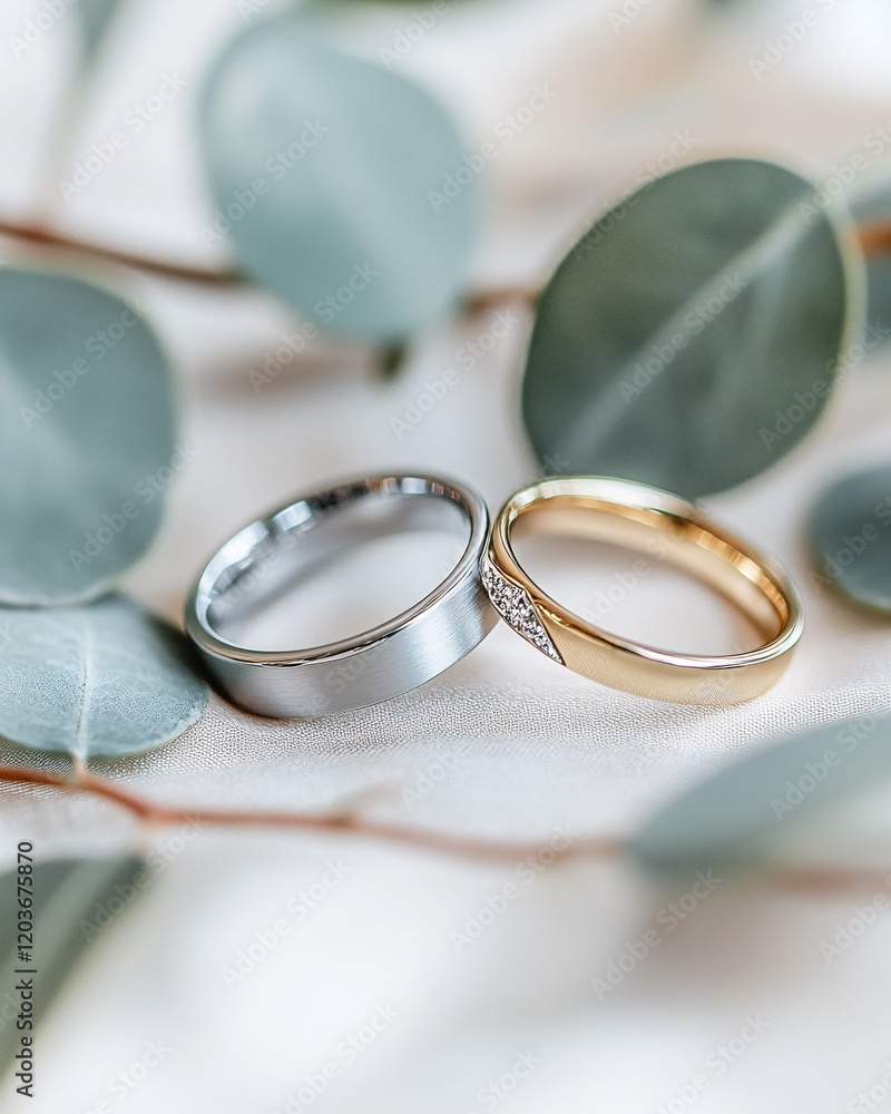 Classy Platinum and Gold Wedding Rings with Eucalyptus Decor in Natural Light Classy Platinum and Gold Wedding Rings with Eucalyptus Decor in Natural Light