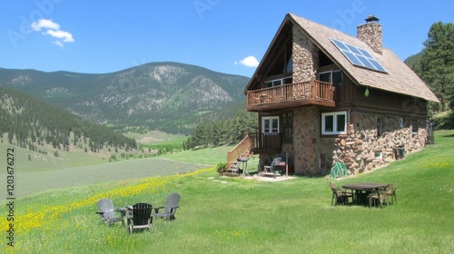 Rustic mountain cabin nestled in a grassy meadow with a scenic view. photo