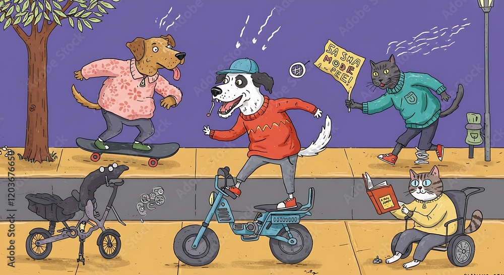 Naklejka premium Playful Cartoon Animals in Human Clothes Riding Skateboard and Reading Book in Fun Activities Generative AI