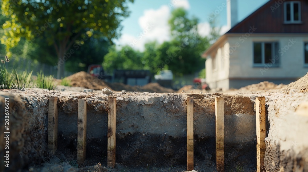 Wooden beams support a foundation trench near a house, symbolizing stability and repair. Wooden beams support a foundation trench near a house, symbolizing stability and repair.