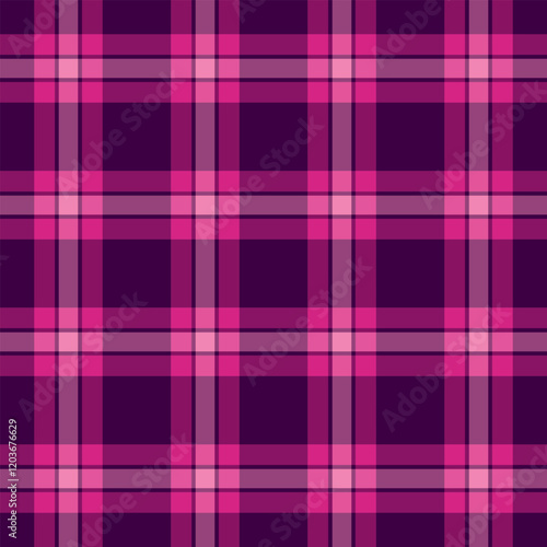 Presentation seamless textile pattern, kid tartan check background. Punk plaid texture vector fabric in pink and dark colors.