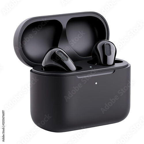 Wireless earbuds in sleek black charging case, featuring modern and compact design
