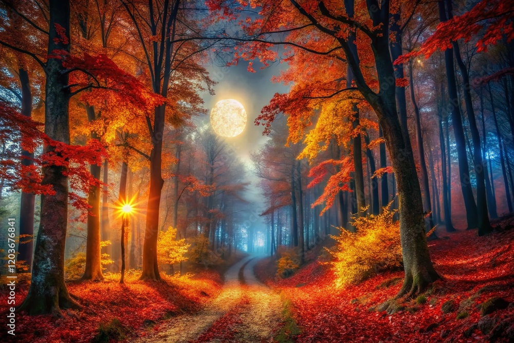 Fototapeta premium Enchanting Autumn Forest Night - Mystical Moonlight Illuminates Colorful Fall Foliage