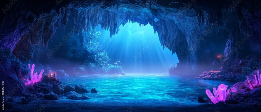 Fototapeta premium Enchanting mystical cave with bioluminescent fungi for fantasy designs and nature themes