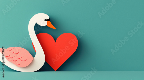 Fototapeta Naklejka Na Ścianę i Meble -  Heart shaped, A paper cut-out swan affectionately leans towards a vibrant red heart against a teal background, symbolizing love and connection.