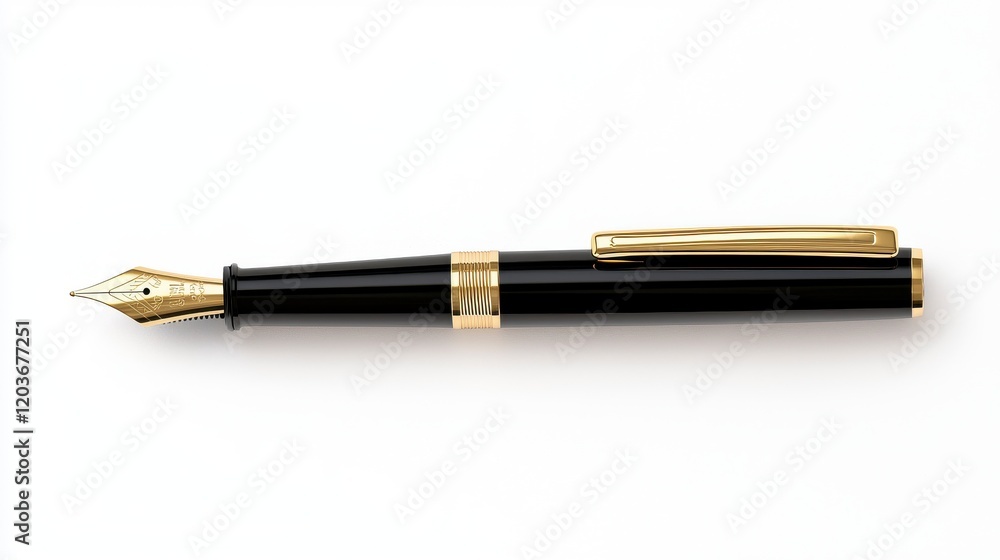 A sleek black fountain pen with a gold nib and accents, perfect for elegant writing and personal expression. A sleek black fountain pen with a gold nib and accents, perfect for elegant writing and personal expression.