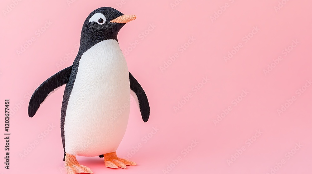 Fototapeta premium Plastic penguin with flippers out on pink background