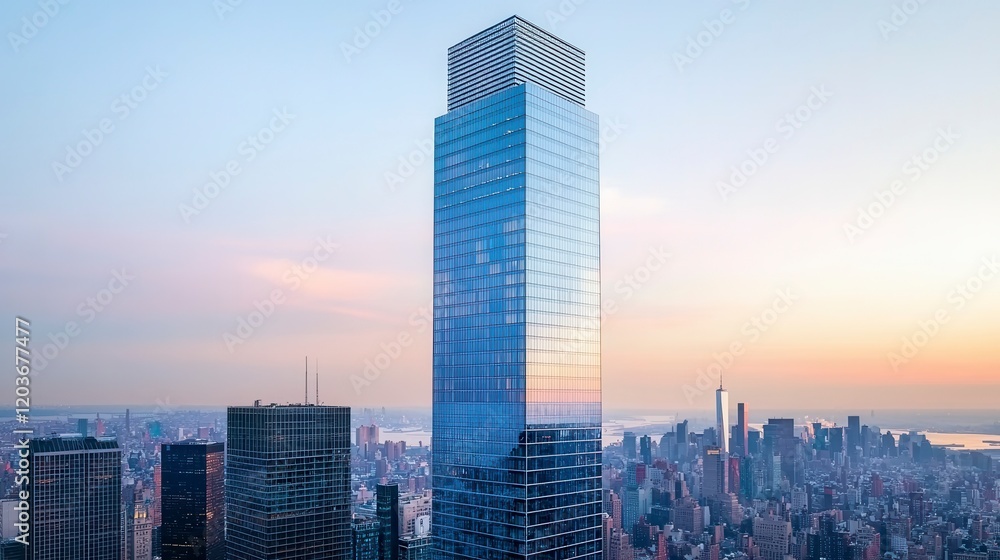A modern skyscraper towers over a city skyline, reflecting the sunset colors in its glass facade, symbolizing urban development and architectural innovation. A modern skyscraper towers over a city skyline, reflecting the sunset colors in its glass facade, symbolizing urban development and architectural innovation.