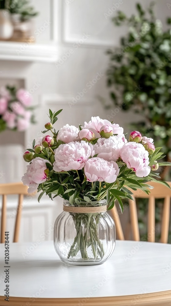 A vibrant arrangement of pink peonies fills a glass jar placed on a white table, bathed in natural light. The clean, minimalist backdrop features chairs and greenery, evoking tranquility A vibrant arrangement of pink peonies fills a glass jar placed on a white table, bathed in natural light. The clean, minimalist backdrop features chairs and greenery, evoking tranquility