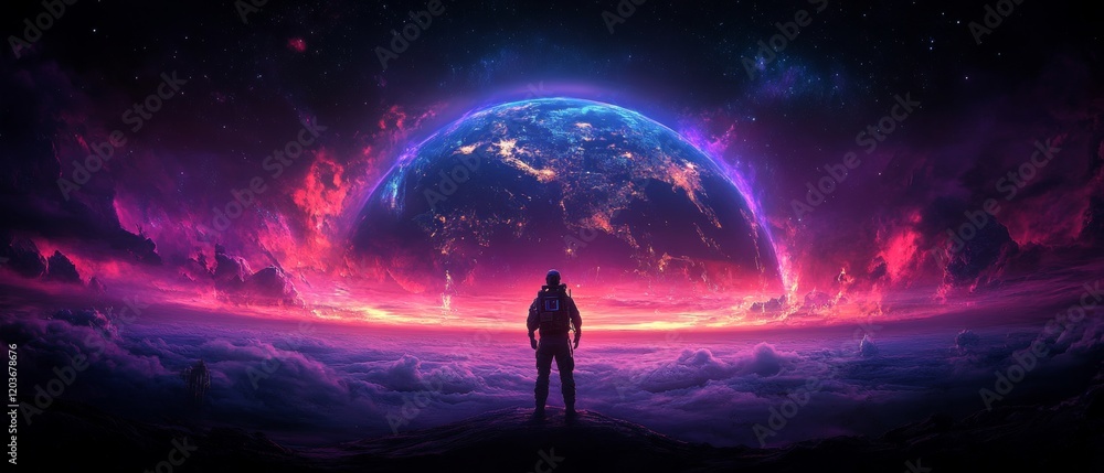 Fototapeta premium Futuristic earth monitoring with satellite data and cosmic vibrance ideal for technology and space exploration themes