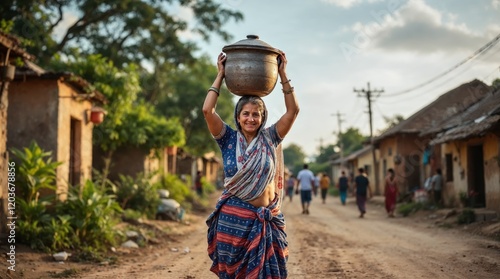 Rural Woman Carrying Clay Pot at Sunset in a Traditional Village