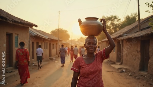 Rural Woman Carrying Clay Pot at Sunset in a Traditional Village