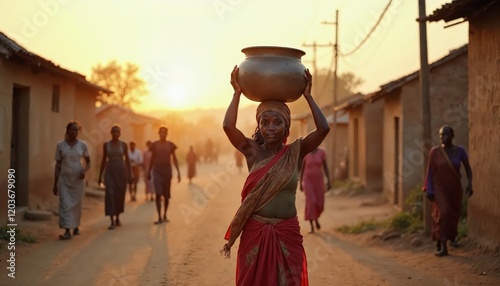 Rural Woman Carrying Clay Pot at Sunset in a Traditional Village